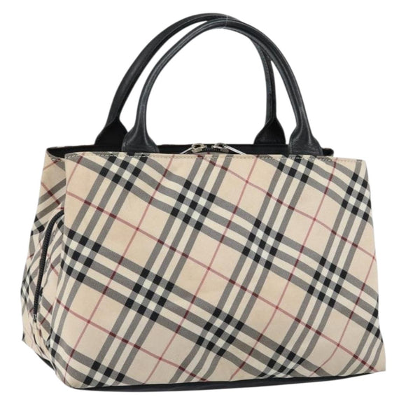 BURBERRY Nova Check Blue Label Hand Bag Nylon Beige Silver Auth bs30323