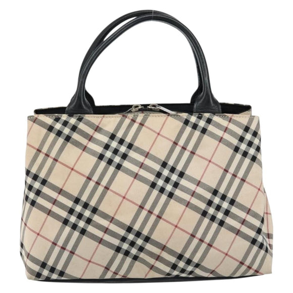BURBERRY Nova Check Blue Label Hand Bag Nylon Beige Silver Auth bs30323