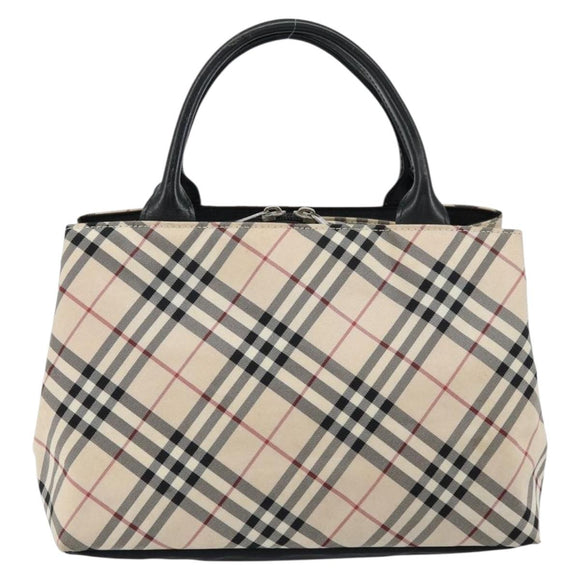 BURBERRY Nova Check Blue Label Hand Bag Nylon Beige Silver Auth bs30323
