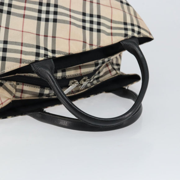 BURBERRY Nova Check Blue Label Hand Bag Nylon Beige Silver Auth bs30323