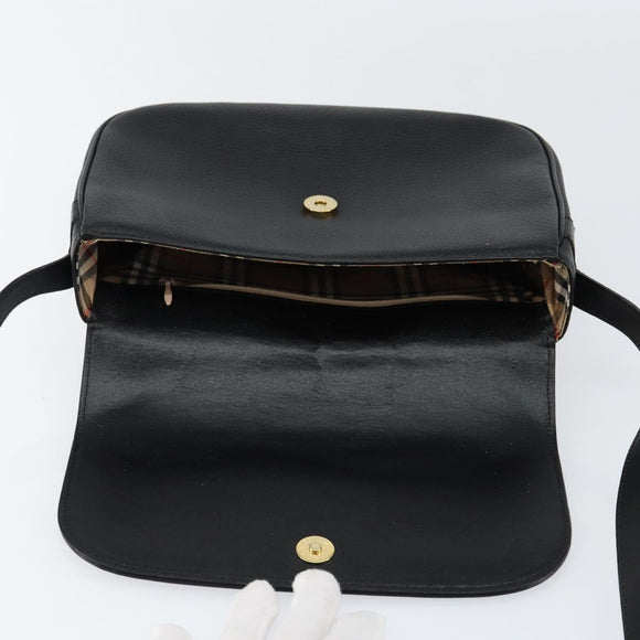 Burberrys Nova Check Shoulder Bag Leather Black Gold Auth bs30325