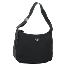 PRADA Shoulder Bag Nylon Leather Black Silver Auth bs30342