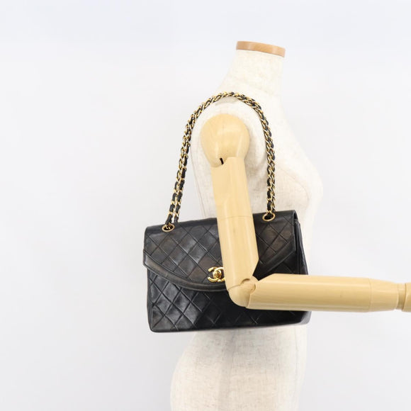 CHANEL Matelasse Chain Flap Bag Turn Lock Lamb Skin Black Gold CC Auth bs30361