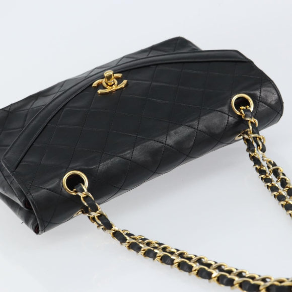 CHANEL Matelasse Chain Flap Bag Turn Lock Lamb Skin Black Gold CC Auth bs30361