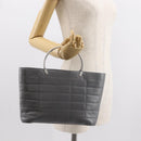 CHANEL Choco Bar Hand Bag Lamb Skin Gray Silver CC Auth bs30369-23