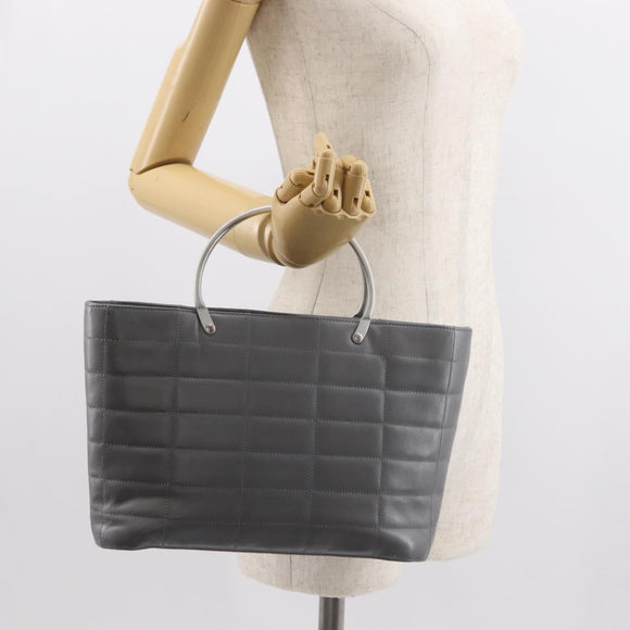 CHANEL Choco Bar Hand Bag Lamb Skin Gray Silver CC Auth bs30369