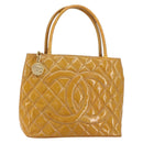 CHANEL Matelasse COCO Mark Tote Bag Patent leather Yellow Gold CC Auth bs30372-1