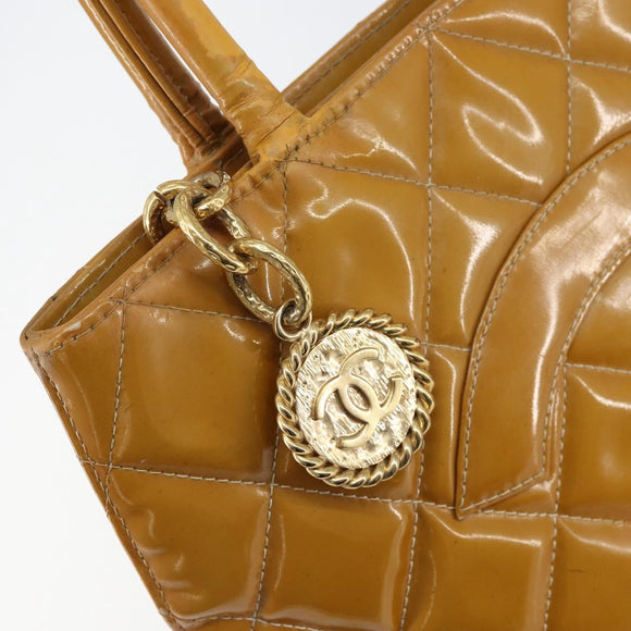 CHANEL Matelasse COCO Mark Tote Bag Patent leather Yellow Gold CC Auth bs30372