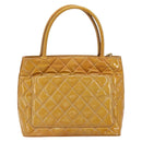 CHANEL Matelasse COCO Mark Tote Bag Patent leather Yellow Gold CC Auth bs30372-2