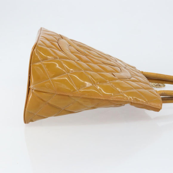 CHANEL Matelasse COCO Mark Tote Bag Patent leather Yellow Gold CC Auth bs30372