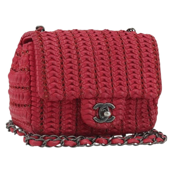 CHANEL Cloche Turn Lock Chain Flap Bag Lamb Skin Red Silver CC Auth bs30375