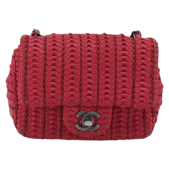 CHANEL Cloche Turn Lock Chain Flap Bag Lamb Skin Red Silver CC Auth bs30375