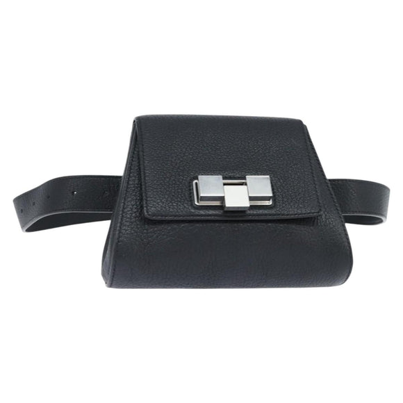 BOTTEGAV ENETA INTRECCIATO Waist Pouch Leather Black Silver Auth bs30383
