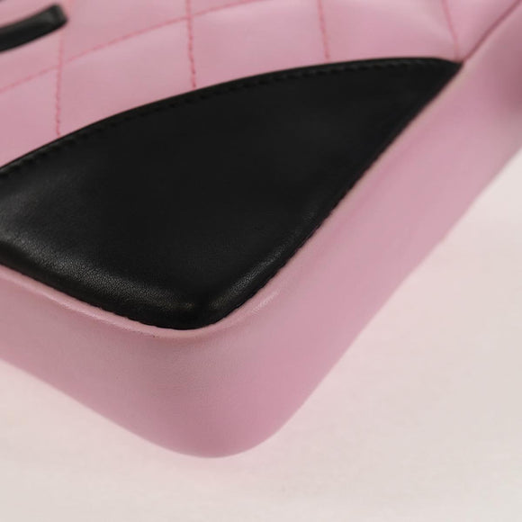 CHANEL Cambon Line Shoulder Bag Leather Pink Black Silver CC Auth bs30393V