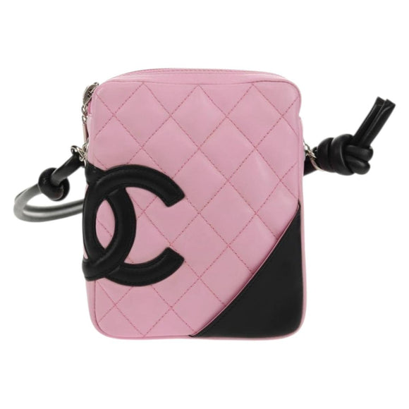 CHANEL Cambon Line Shoulder Bag Leather Pink Black Silver CC Auth bs30393V