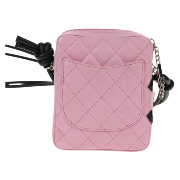 CHANEL Cambon Line Shoulder Bag Leather Pink Black Silver CC Auth bs30393V