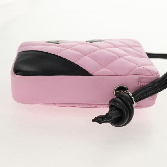 CHANEL Cambon Line Shoulder Bag Leather Pink Black Silver CC Auth bs30393V
