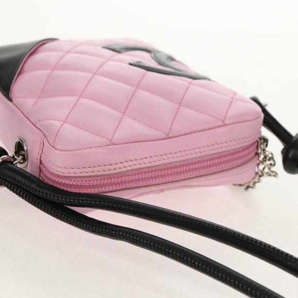 CHANEL Cambon Line Shoulder Bag Leather Pink Black Silver CC Auth bs30393V