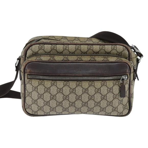 GUCCI GG Supreme Shoulder Bag PVC Brown Silver Auth bs30401