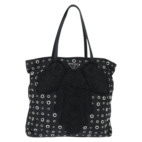 PRADA Grommet Tote Bag Nylon Black Silver Auth bs30430