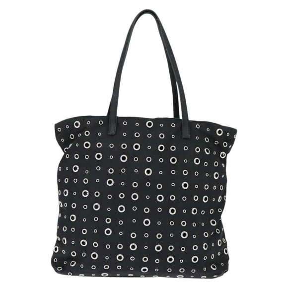PRADA Grommet Tote Bag Nylon Black Silver Auth bs30430