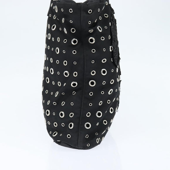 PRADA Grommet Tote Bag Nylon Black Silver Auth bs30430