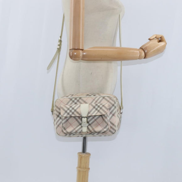 BURBERRY Nova Check Blue Label Shoulder Bag Canvas Beige Silver Auth bs30440