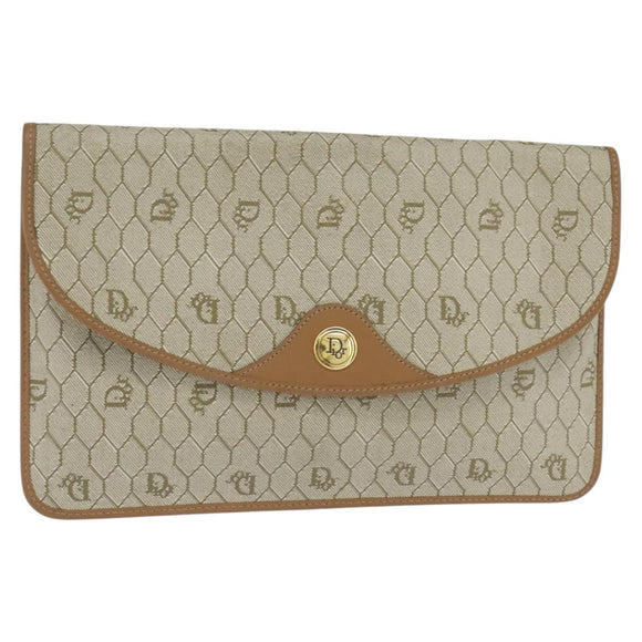 Christian Dior Honeycomb Canvas Clutch Bag PVC Beige Gold Auth bs30459