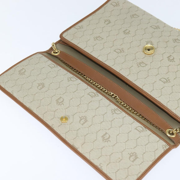 Christian Dior Honeycomb Canvas Chain Shoulder Bag Beige Auth bs30461