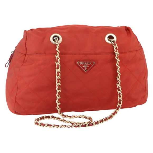 PRADA Chain Quilted Tote Bag Nylon Orange Gold Auth bs30467