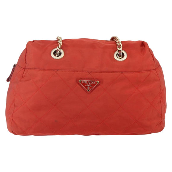 PRADA Chain Quilted Tote Bag Nylon Orange Gold Auth bs30467