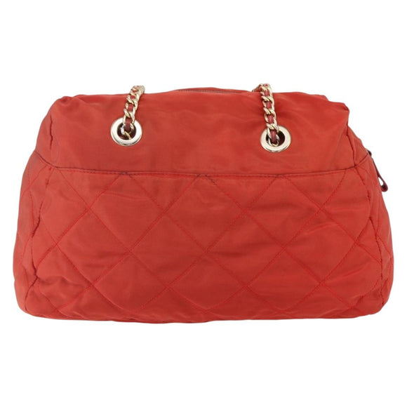 PRADA Chain Quilted Tote Bag Nylon Orange Gold Auth bs30467