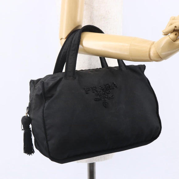 PRADA Beads Fringe Tote Bag Nylon Black Silver Auth bs30470