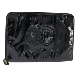 CHANEL Briefcase Patent leather Black Gold CC Auth bs30475