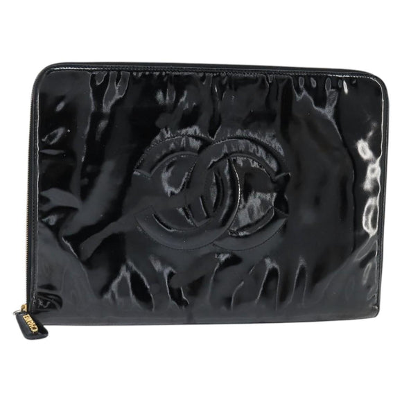 CHANEL Briefcase Patent leather Black Gold CC Auth bs30475