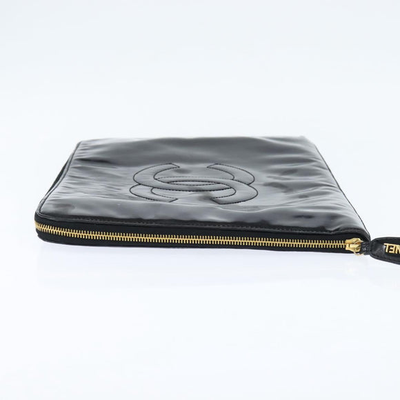 CHANEL Briefcase Patent leather Black Gold CC Auth bs30475
