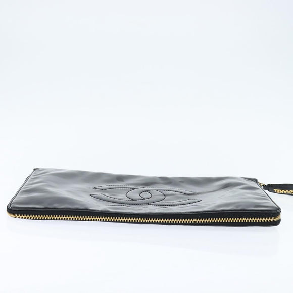 CHANEL Briefcase Patent leather Black Gold CC Auth bs30475
