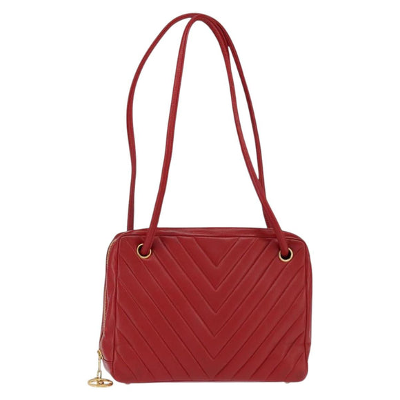 CHANEL V Stitch Shoulder Bag Lamb Skin Red Gold CC Auth bs30476