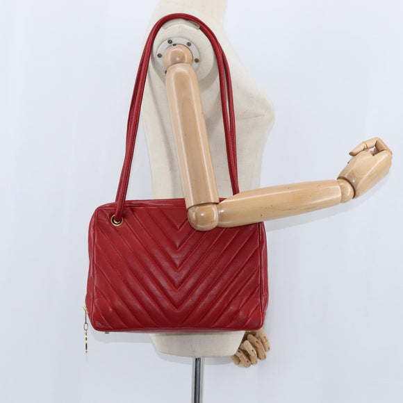 CHANEL V Stitch Shoulder Bag Lamb Skin Red Gold CC Auth bs30476