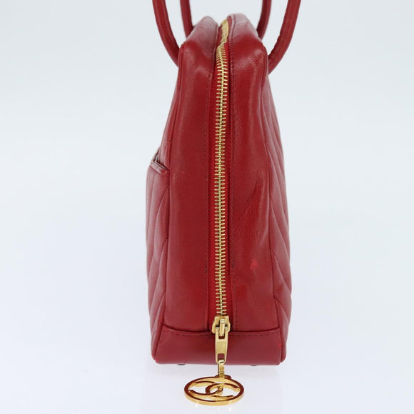 CHANEL V Stitch Shoulder Bag Lamb Skin Red Gold CC Auth bs30476