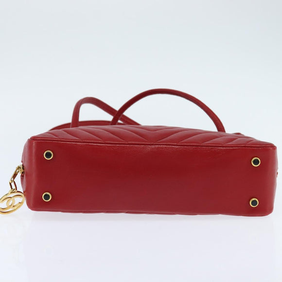 CHANEL V Stitch Shoulder Bag Lamb Skin Red Gold CC Auth bs30476