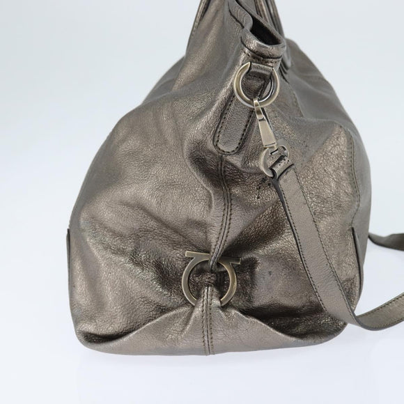 Salvatore Ferragamo Gancini Hand Bag Leather 2way Silver Auth bs30477