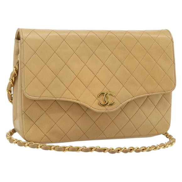 CHANEL Matelasse Chain Shoulder Bag Lamb Skin Beige Gold CC Auth bs30479