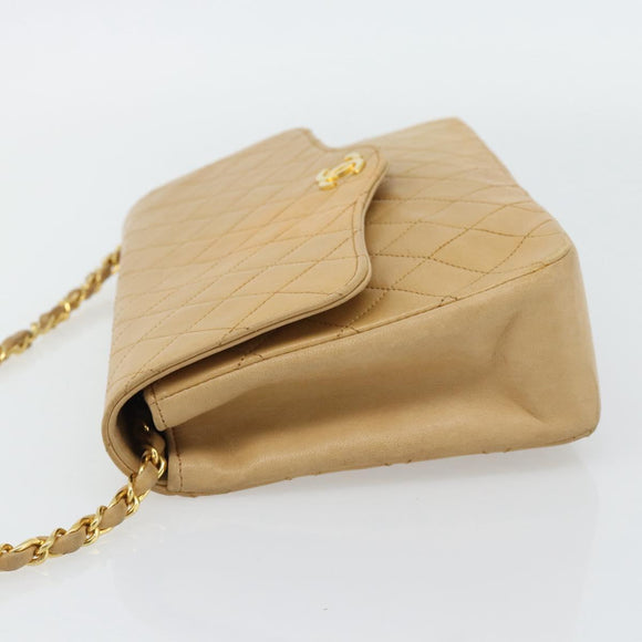CHANEL Matelasse Chain Shoulder Bag Lamb Skin Beige Gold CC Auth bs30479
