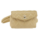 CHANEL Matelasse Waist Pouch Lamb Skin Beige Gold CC Auth bs30480-1
