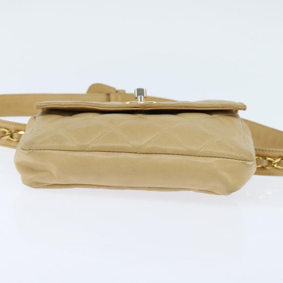 CHANEL Matelasse Waist Pouch Lamb Skin Beige Gold CC Auth bs30480