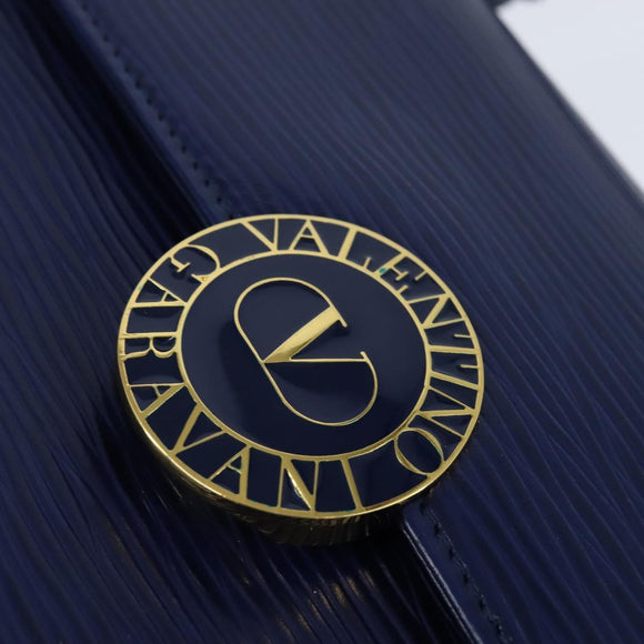 VALENTINO Medal Hand Bag Leather Blue Gold Auth bs30482