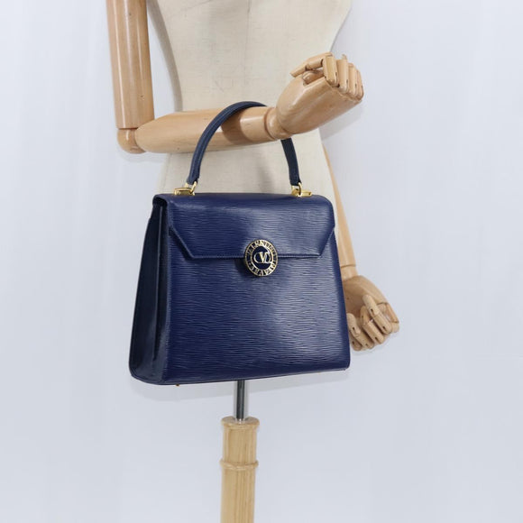 VALENTINO Medal Hand Bag Leather Blue Gold Auth bs30482