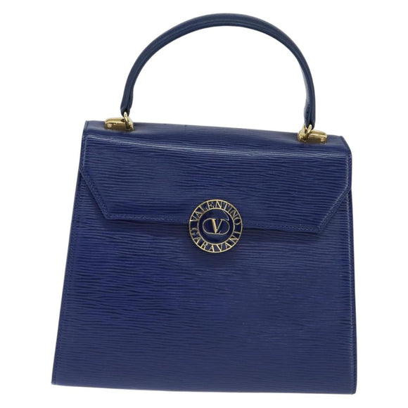 VALENTINO Medal Hand Bag Leather Blue Gold Auth bs30482