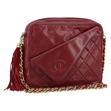 CHANEL Matelasse Fringe Chain Shoulder Bag Lamb Skin Red Gold CC Auth bs30487